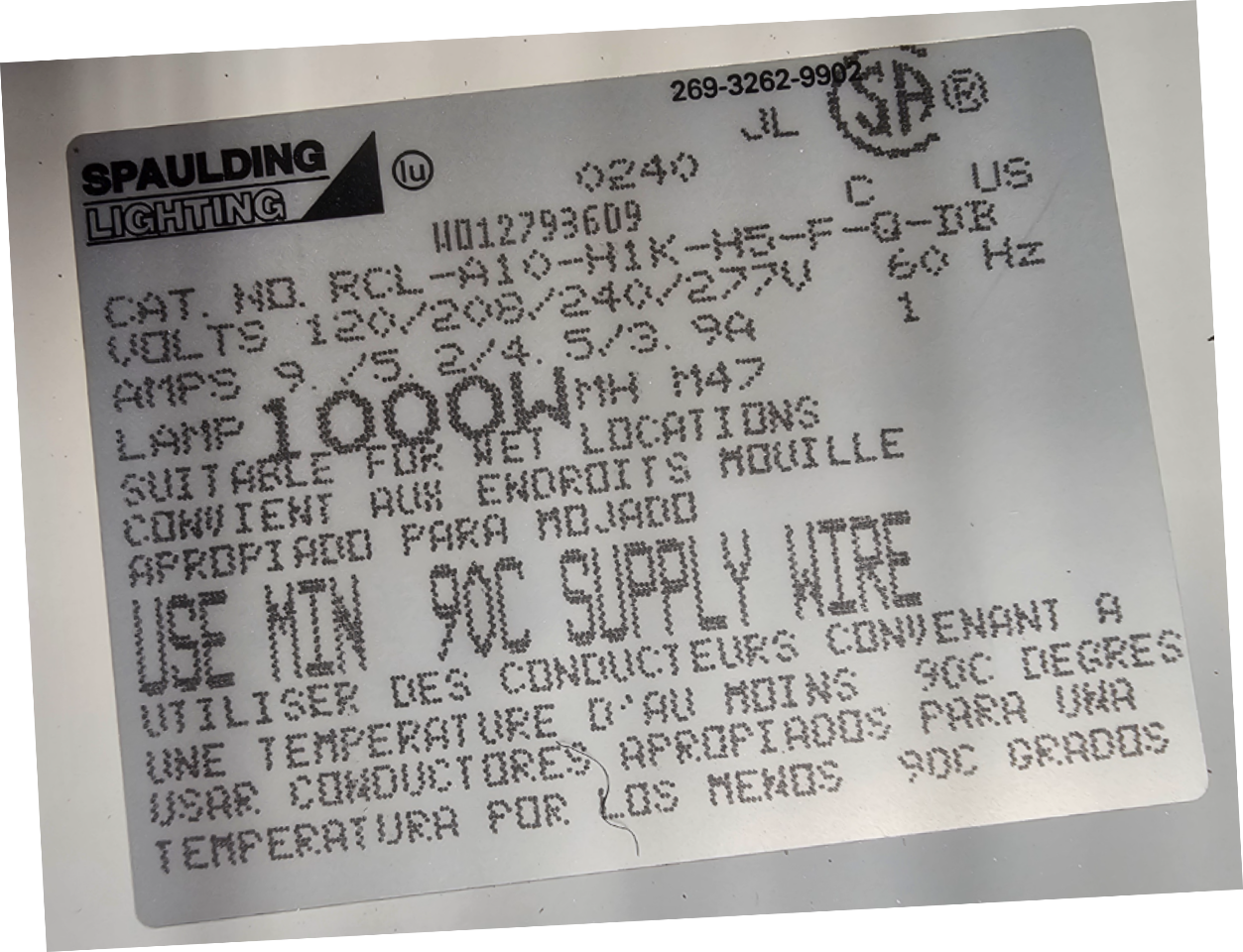 Spaulding RCL-A10-H1K-H5-F-Q-DB Outdoor Light Fixture 1000W 120-277V