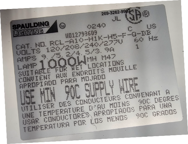 Spaulding RCL-A10-H1K-H5-F-Q-DB Outdoor Light Fixture 1000W 120-277V