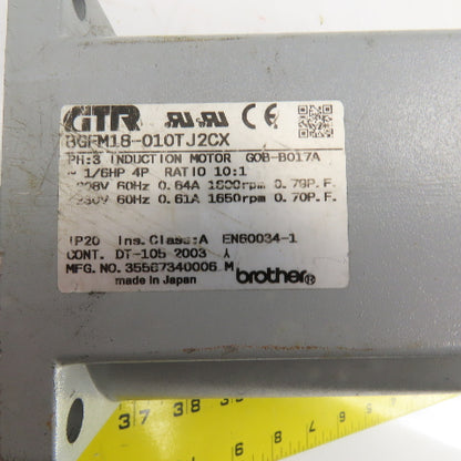 Brother BGFM18-010T J2CX 10:1 Ratio Inline Gearmotor 160 RPM Out 1/10HP 230V 3PH