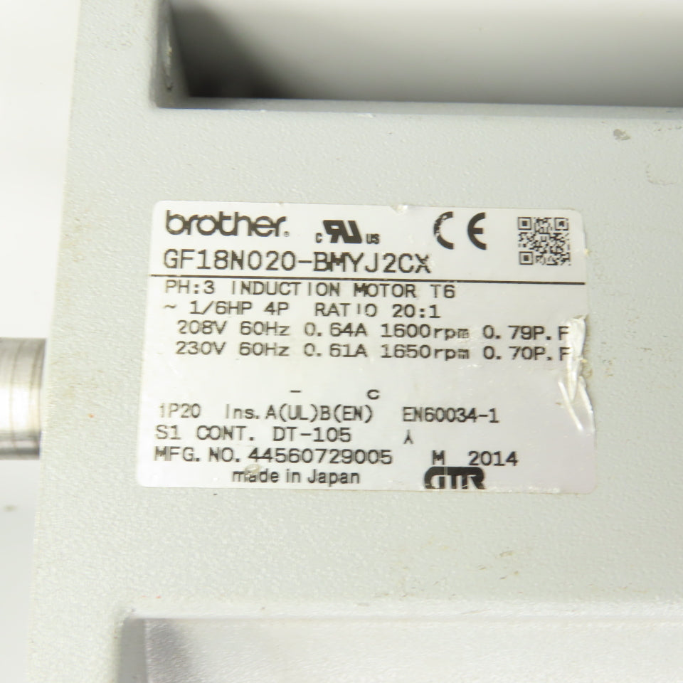 Brother GF18N020-BMYJ2CX 20:1 Ratio Inline Gearmotor 80 RPM Out 1/6HP 230V 3PH