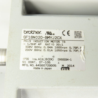 Brother GF18N020-BMYJ2CX 20:1 Ratio Inline Gearmotor 80 RPM Out 1/6HP 230V 3PH