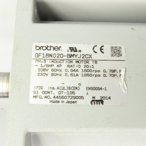 Brother GF18N020-BMYJ2CX 20:1 Ratio Inline Gearmotor 80 RPM Out 1/6HP 230V 3PH