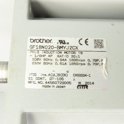 Brother GF18N020-BMYJ2CX 20:1 Ratio Inline Gearmotor 80 RPM Out 1/6HP 230V 3PH