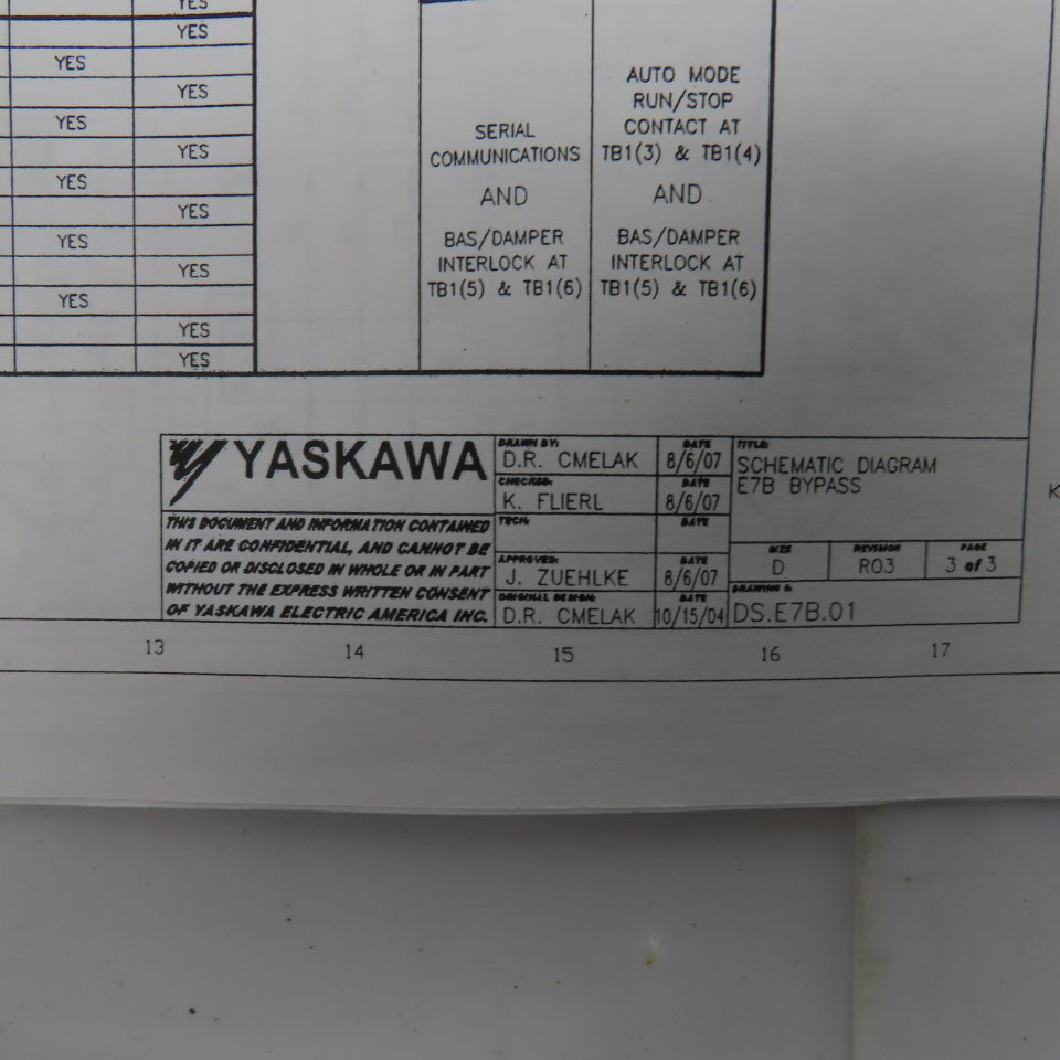 Yaskawa E7BVB021XWU E7 AC Drive W/Bypass 480V 3PH Input 0-480V Output 21.0 Amps