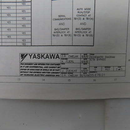 Yaskawa E7BVB021XWU E7 AC Drive W/Bypass 480V 3PH Input 0-480V Output 21.0 Amps
