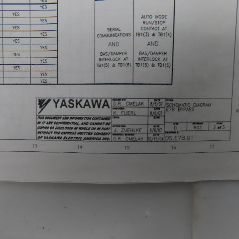 Yaskawa E7BVB021XWU E7 AC Drive W/Bypass 480V 3PH Input 0-480V Output 21.0 Amps