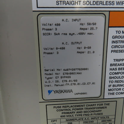 Yaskawa E7BVB021XWU E7 AC Drive W/Bypass 480V 3PH Input 0-480V Output 21.0 Amps