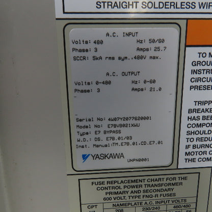 Yaskawa E7BVB021XWU E7 AC Drive W/Bypass 480V 3PH Input 0-480V Output 21.0 Amps
