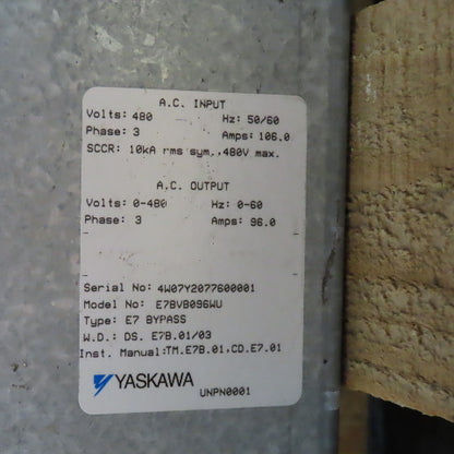 Yaskawa E7 AC Drive W/Bypass 480V 3PH Input 0-480V Output 96.0 Amps