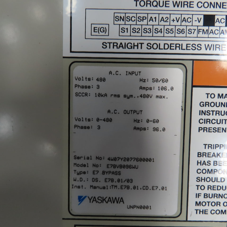 Yaskawa E7 AC Drive W/Bypass 480V 3PH Input 0-480V Output 96.0 Amps