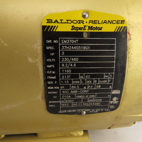 Baldor EM3704T 3HP AC Electric Motor 1160RPM 208-230/460V 3PH 60HZ 213T Frame