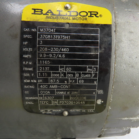 Baldor M3704T 3HP AC Electric Motor 1160RPM 208-230/460V 3PH 60HZ 213T Frame