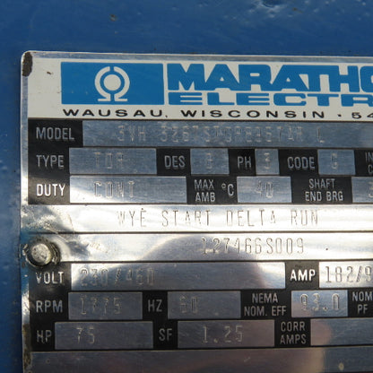 Marathon 75HP AC Electric Compressor Motor 1775RPM 230/460V 3PH 326TSD Frame