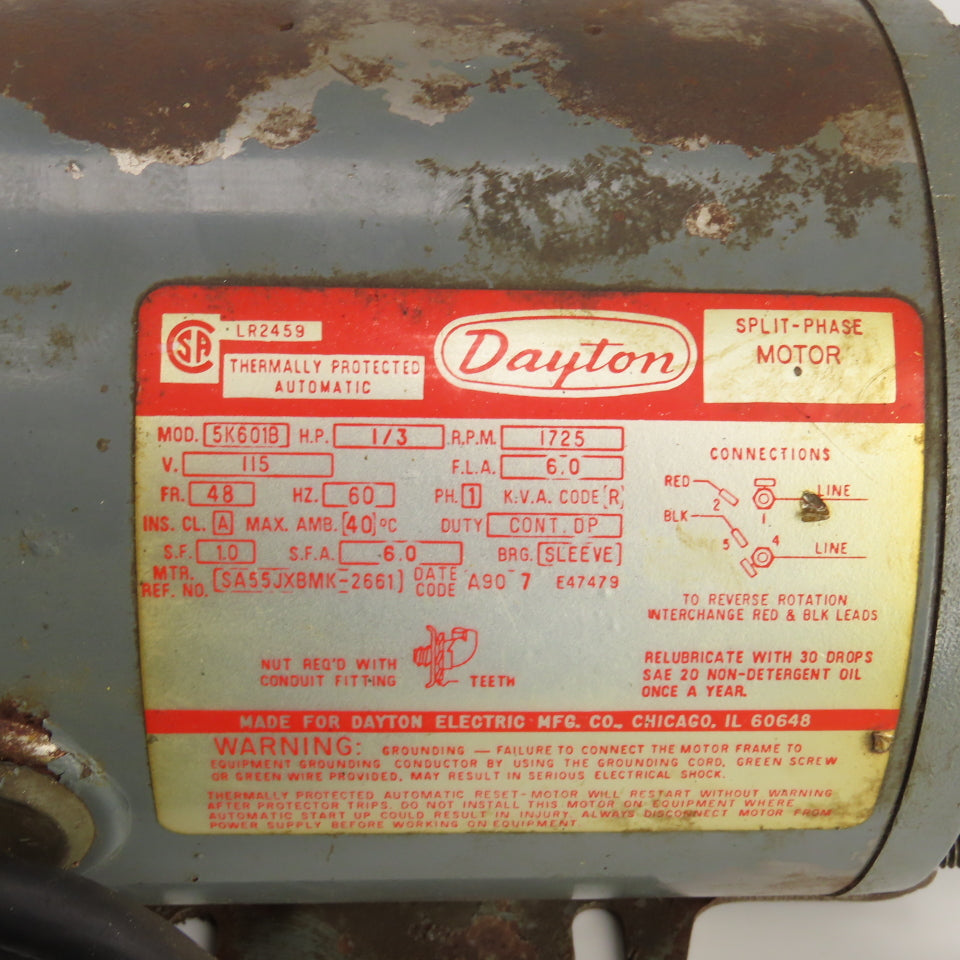 Dayton 5K601B 1/3HP Single Phase Electric Motor 1725RPM 115V 6.0A 48 Frame