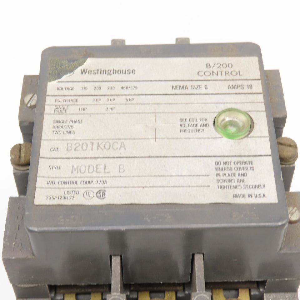 Westinghouse B201KOCA B201K0CA Model B 600V NEMA Size 0 Motor Starter 120V Coil