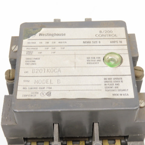 Westinghouse B201KOCA B201K0CA Model B 600V NEMA Size 0 Motor Starter 120V Coil