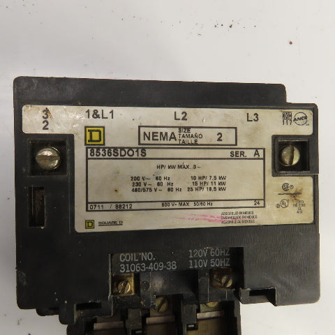 Square D 8536SDOS Ser A Nema Size 2 600V Contactor 120V Coil 10-25HP
