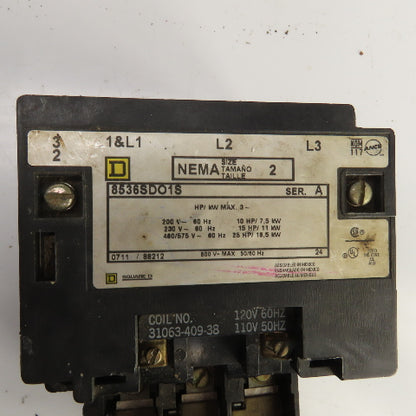 Square D 8536SDOS Ser A Nema Size 2 600V Contactor 120V Coil 10-25HP