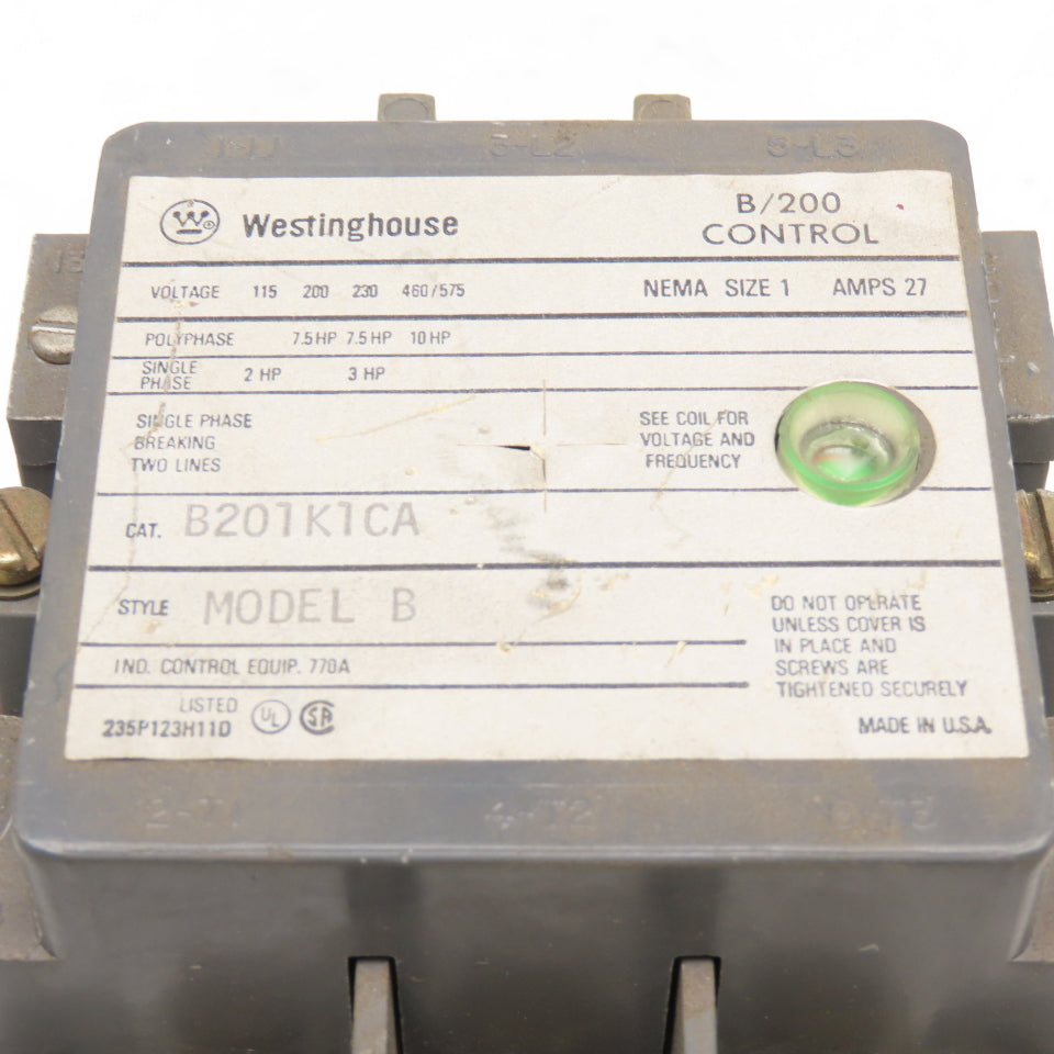 Westinghouse B201K1CA Model B 600V NEMA Size 1 Motor Starter 120V Coil