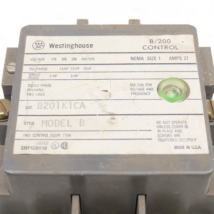 Westinghouse B201K1CA Model B 600V NEMA Size 1 Motor Starter 120V Coil