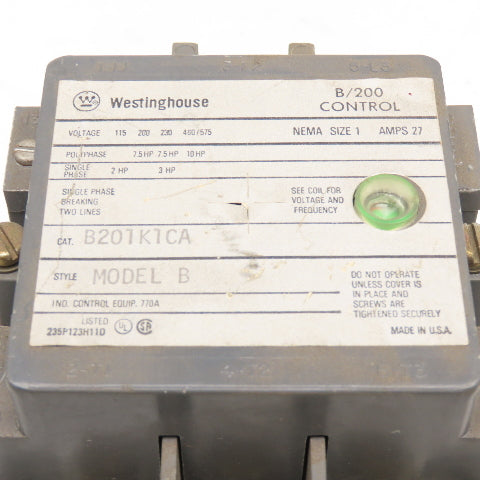 Westinghouse B201K1CA Model B 600V NEMA Size 1 Motor Starter 120V Coil