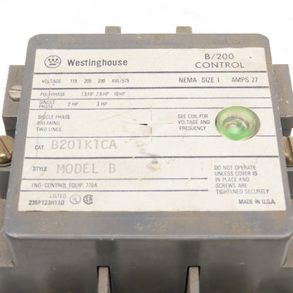 Westinghouse B201K1CA Model B 600V NEMA Size 1 Motor Starter 120V Coil