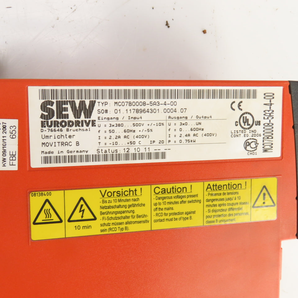 Sew Eurodrive MC07B0008-5A3-4-00 AC Drive 380-500V 2.2A In 0-600HZ 2.4A Out