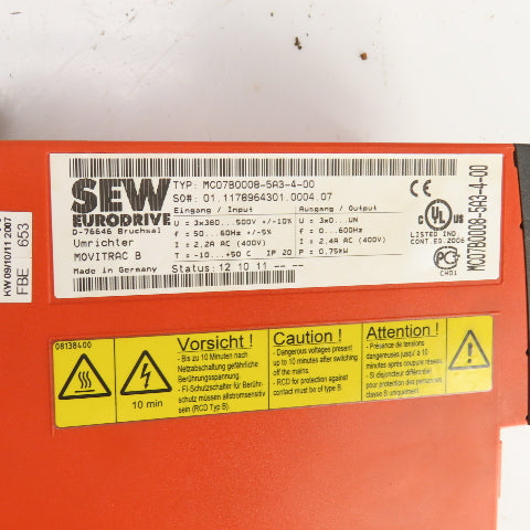 Sew Eurodrive MC07B0008-5A3-4-00 AC Drive 380-500V 2.2A In 0-600HZ 2.4A Out