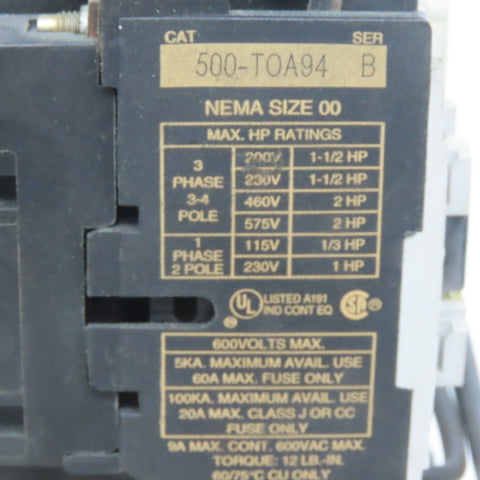 Allen Bradley 550-T0A94A Ser.B Reversing Contactor 600V 2HP Size 00 240V Coil