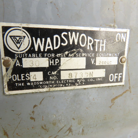 Wadsworth 8733N 30A Fusible Safety Disconnect Switch 240VAC 4-Pole