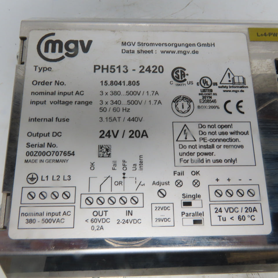 MGV PH513-2420 24V DC 20A Power Supply 3x340 550V Input