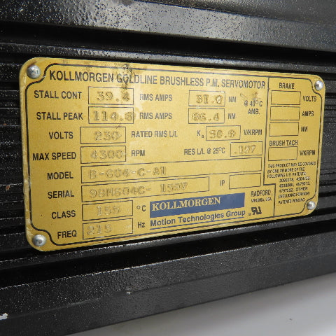 Kollmorgen B-604-C-A1 Brushless Goldline Servo Motor 4500RPM 230V