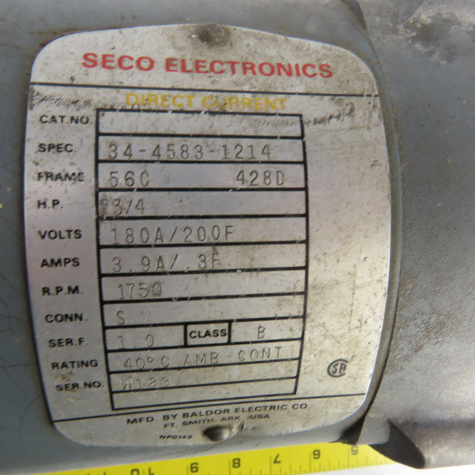 Seco 34-4583-1214 3/4HP DC Electric Motor 1750RPM 180A/200F VDC 56C Frame