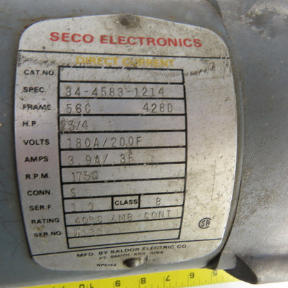 Seco 34-4583-1214 3/4HP DC Electric Motor 1750RPM 180A/200F VDC 56C Frame