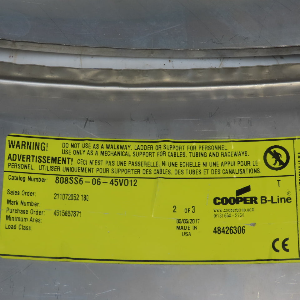 B-Line 808SS6-06-45VO12 Stainless Steel Outide 45° 6"W Cable Tray Cover Lot/2