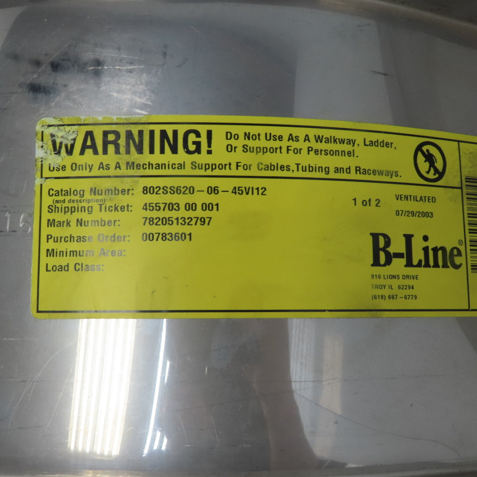 B-Line 802SS620-06-45V112 Stainless Steel Inside 45° 6"W Cable Tray Cover Lot/2