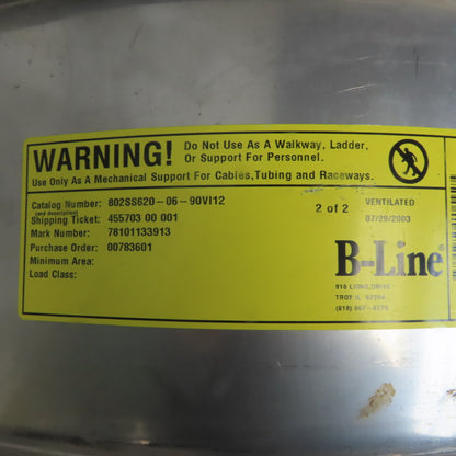 B-Line 808SS620-06-90V112 Stainless Steel Inside 90° 6"W Cable Tray Cover Lot/2