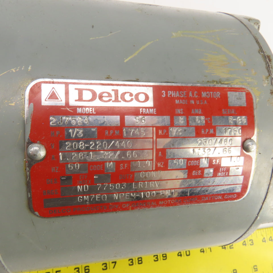 Delco 2J7524 1/3HP AC Electric Motor 1745RPM 208-220/440V 3PH 56 Frame Tested