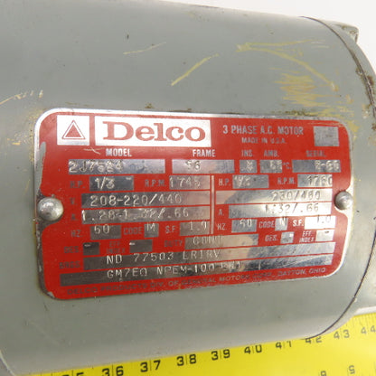 Delco 2J7524 1/3HP AC Electric Motor 1745RPM 208-220/440V 3PH 56 Frame Tested