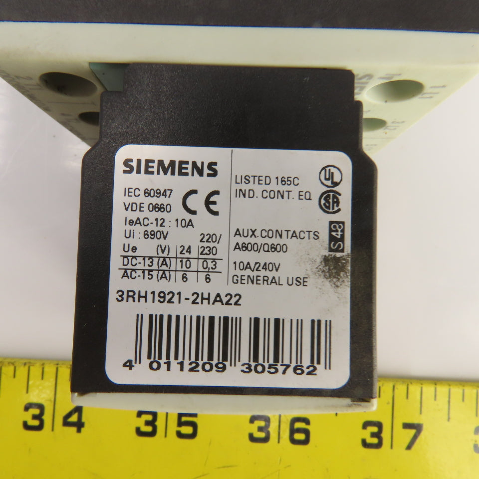 Siemens 3RT1026-3A 35A 600V Contactor 2-20HP 110V Coil W/3RH1921-2HA22 Block