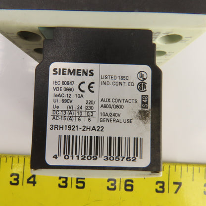 Siemens 3RT1026-3A 35A 600V Contactor 2-20HP 110V Coil W/3RH1921-2HA22 Block