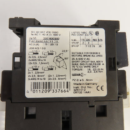 Siemens 3RT1026-3A 35A 600V Contactor 2-20HP 110V Coil W/3RH1921-2HA22 Block