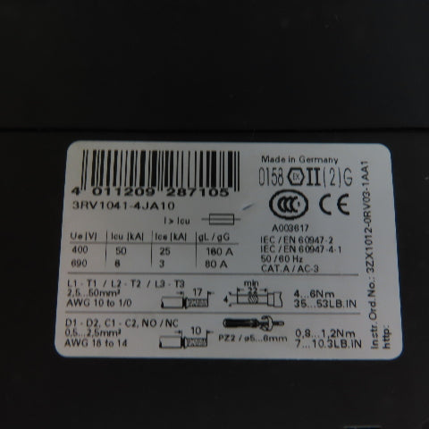 Siemens 3RV1041-4JA10 Manual Motor Controller 20-60HP 45-63A Trip