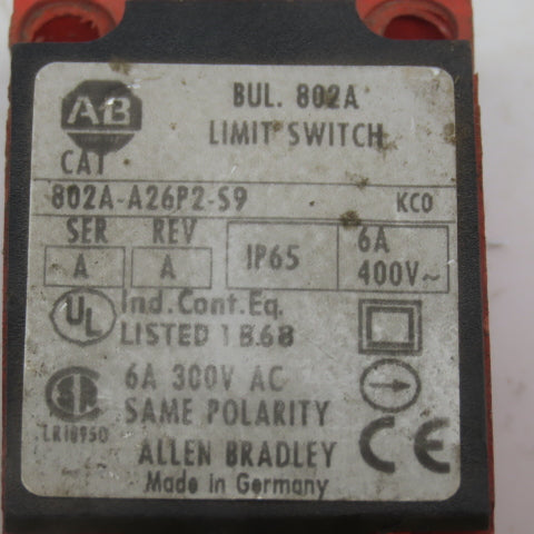 Allen Bradley 802A-A26P2-S9 Ser. A Rev. A Limit Switch W/Plunger 6A 300V