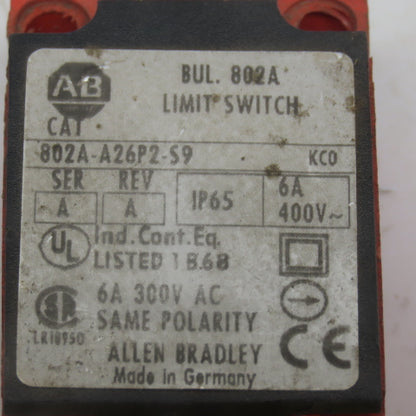 Allen Bradley 802A-A26P2-S9 Ser. A Rev. A Limit Switch W/Plunger 6A 300V