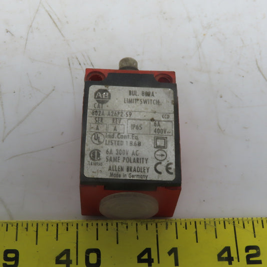 Allen Bradley 802A-A26P2-S9 Ser. A Rev. A Limit Switch W/Plunger 6A 300V