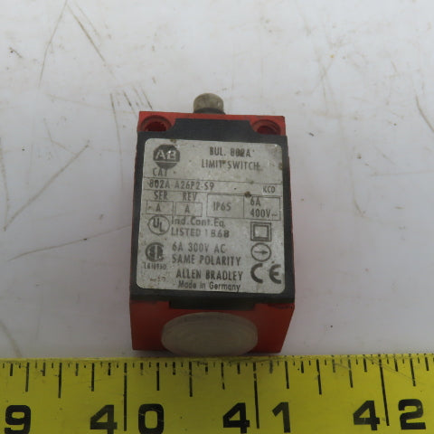 Allen Bradley 802A-A26P2-S9 Ser. A Rev. A Limit Switch W/Plunger 6A 300V