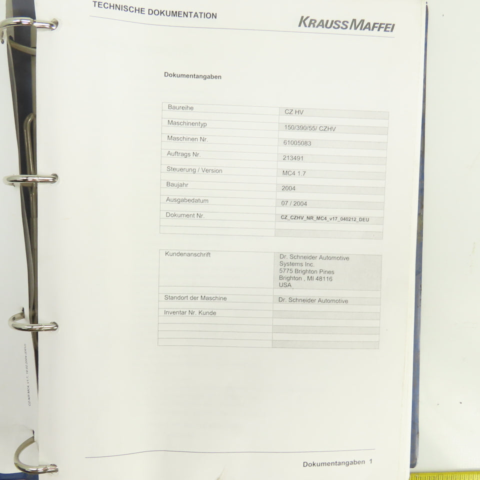 Krauss Maffei KM 150/ 390 55 CZ HV Injection Molding Technical Documentation