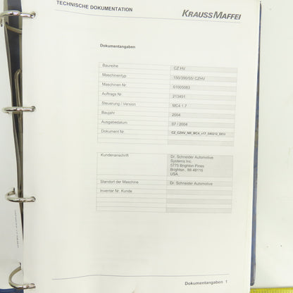 Krauss Maffei KM 150/ 390 55 CZ HV Injection Molding Technical Documentation