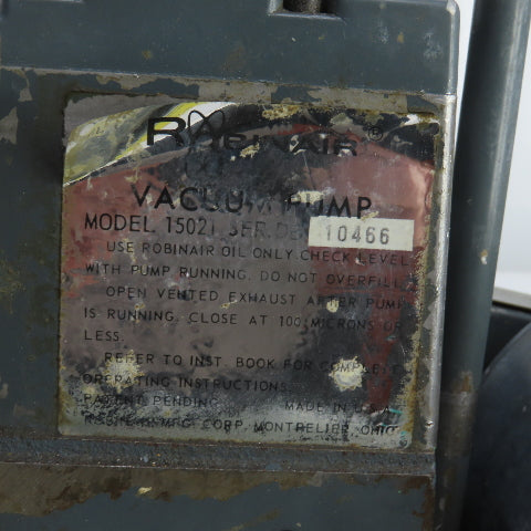Robinair 15021 1/3HP Belt Driven Vacuum Pump 115V Single Phase 1725RPM
